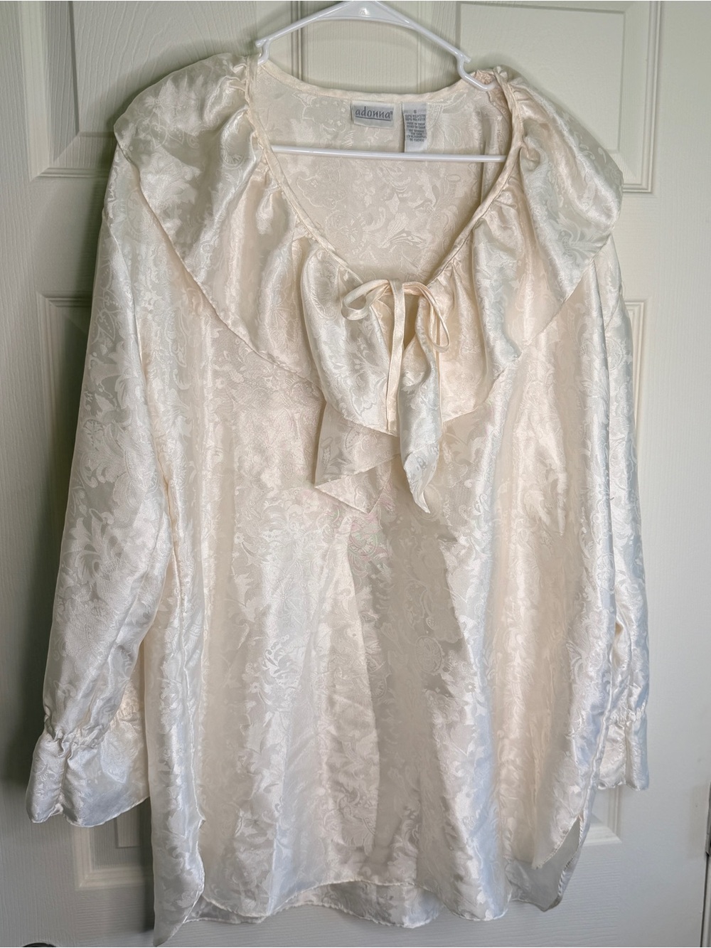 Adonna Cream Satin Renaissance SP Tie-Neck Chemise Ruffled Long Sleeve